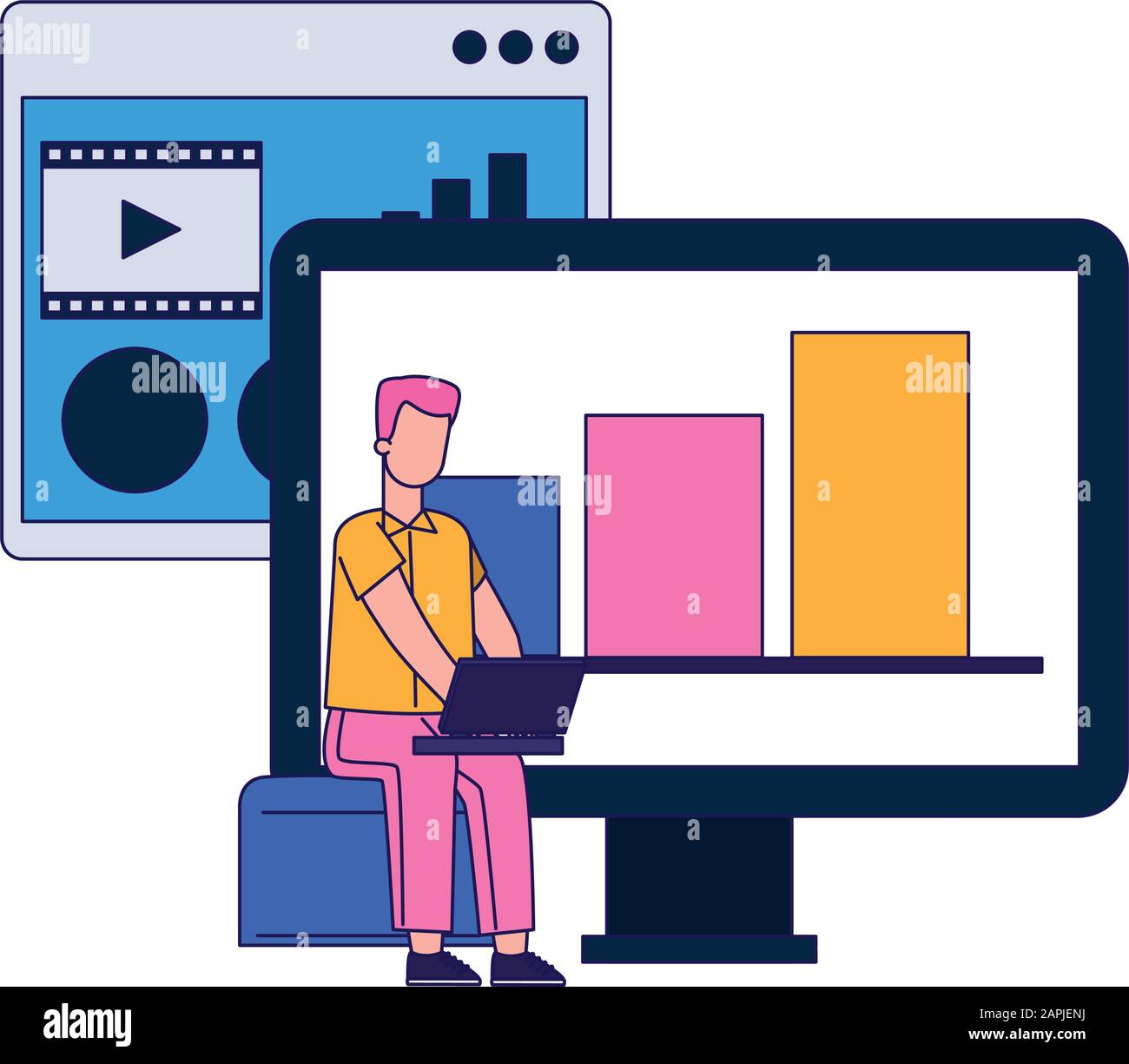 computer and man using a laptop computer Stock Vector