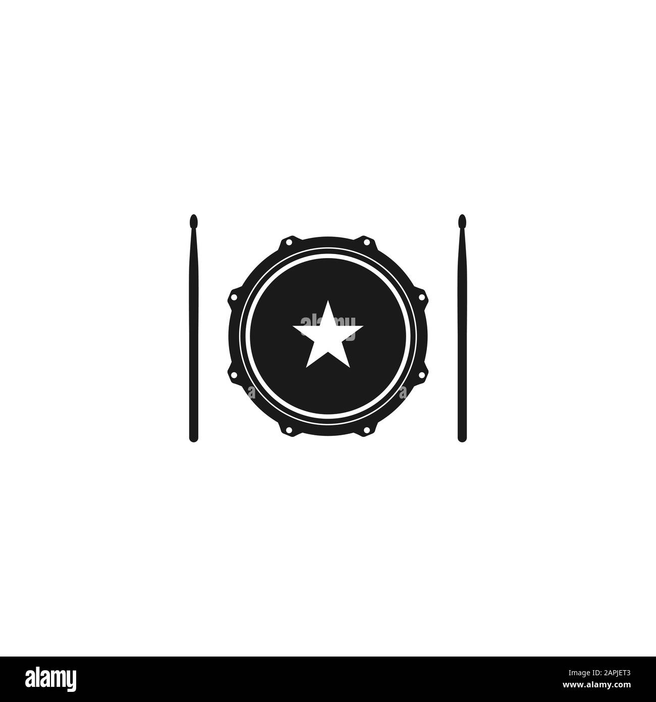 Vector logo of rock school or rock band. Snare drum with drumsticks. Rock music label. Vecor logo isolated on white. Stock Vector