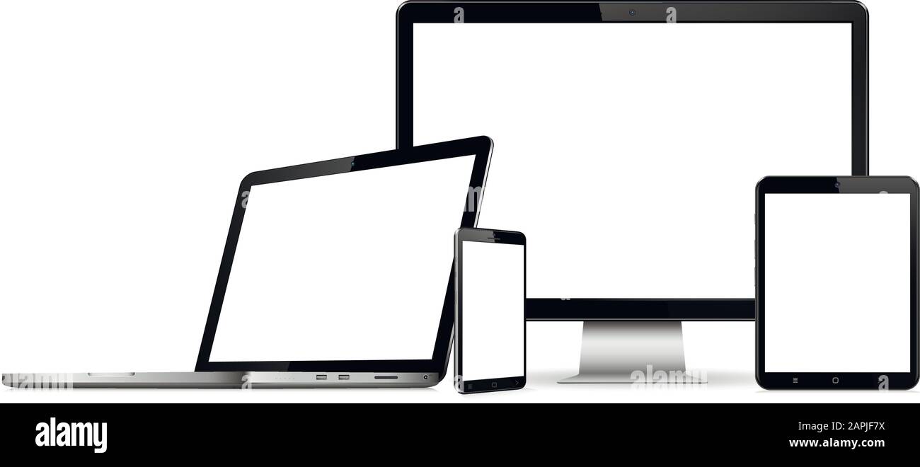 Set of blank screens with computer monitor, laptop, tablet, and