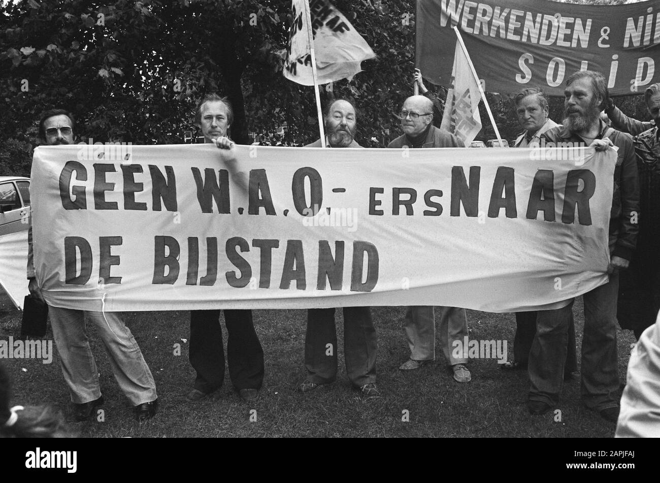 Protest of WAOers for the Joint Administration Office building in Amsterdam against austerity plans Description: demonstrators, cuts, disability, banners Date: September 10, 1980 Location: Amsterdam, Noord-Holland Keywords: incapacity for work, cuts, protesters, banners Stock Photo