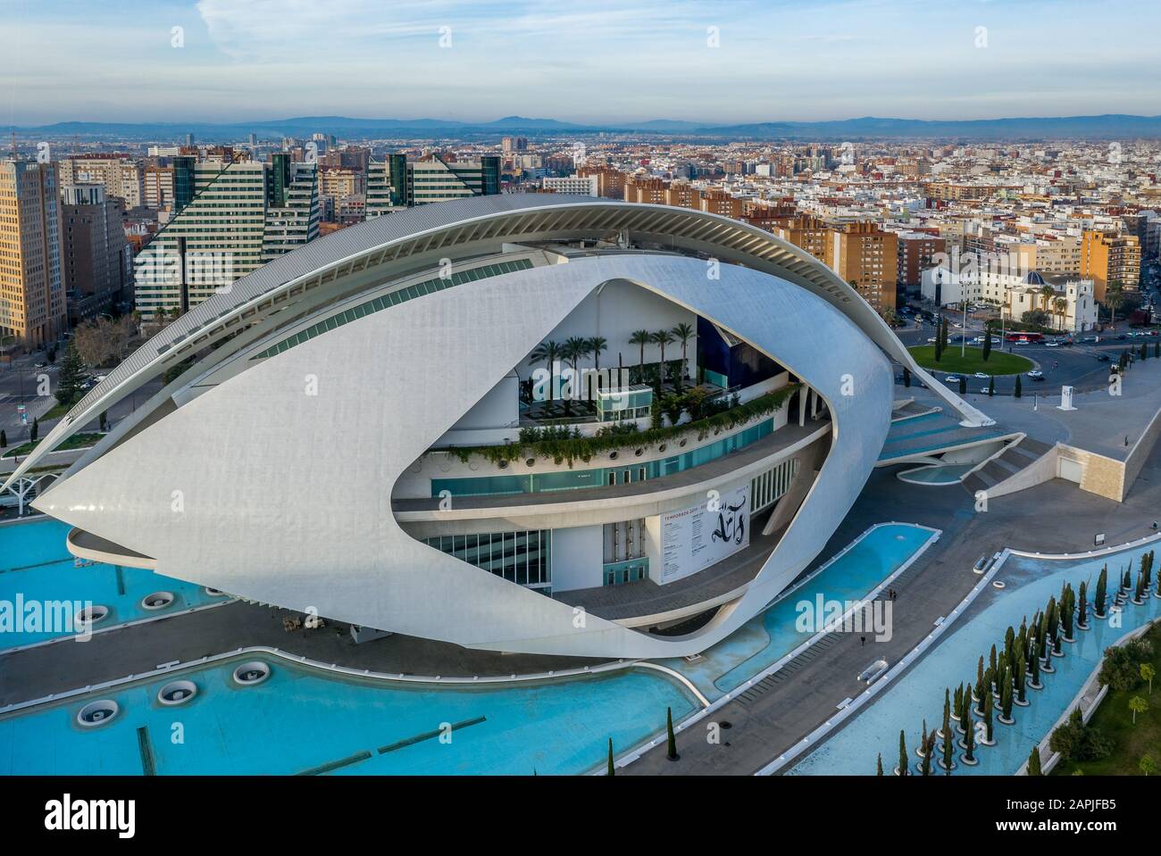 Aerial view of the Opera house in Valencia part of the futuristic Science and Art City project Stock Photo