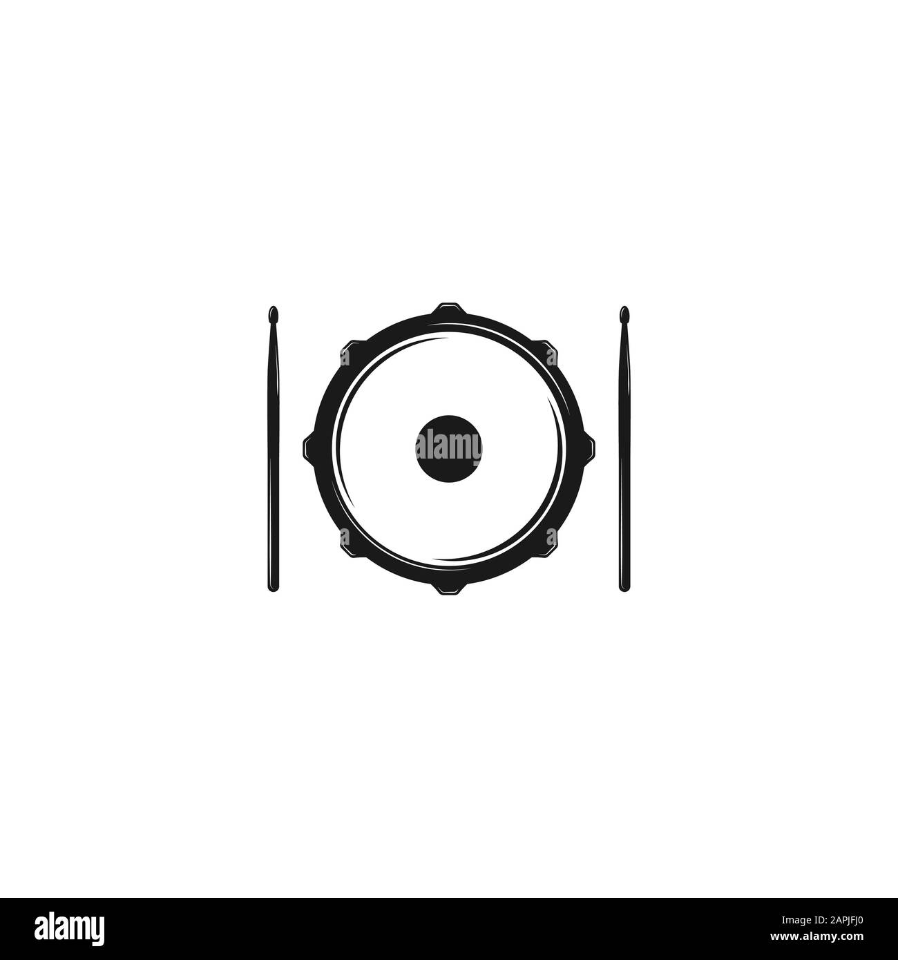 Vector logo of rock school or rock band. Snare drum with drumsticks. Rock music label. Vecor logo isolated on white. Stock Vector