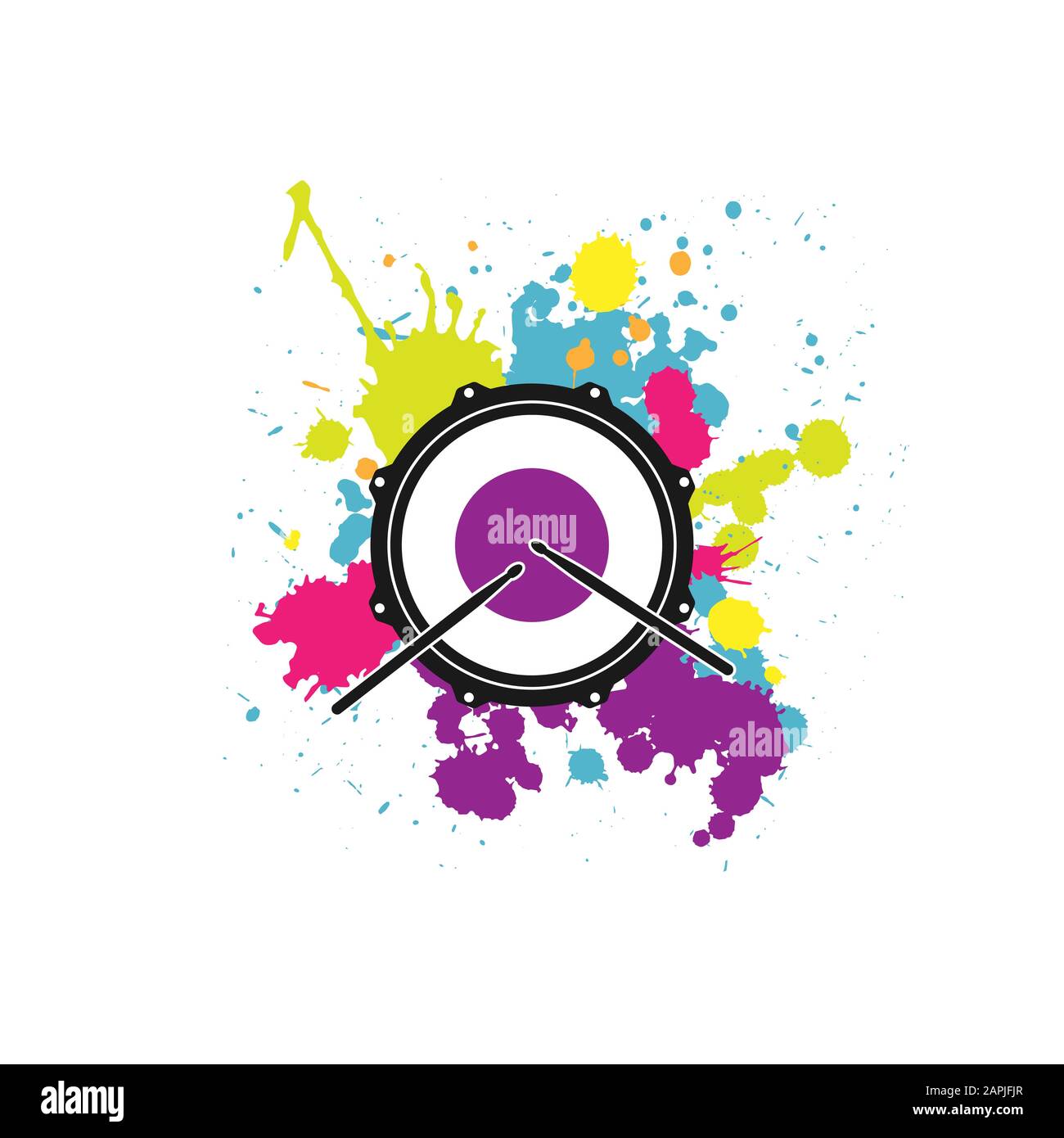 Vector logo of rock school or rock band. Snare drum with drumsticks and bright paint drops or splashes. Rock music label. Vecor logo isolated on white Stock Vector