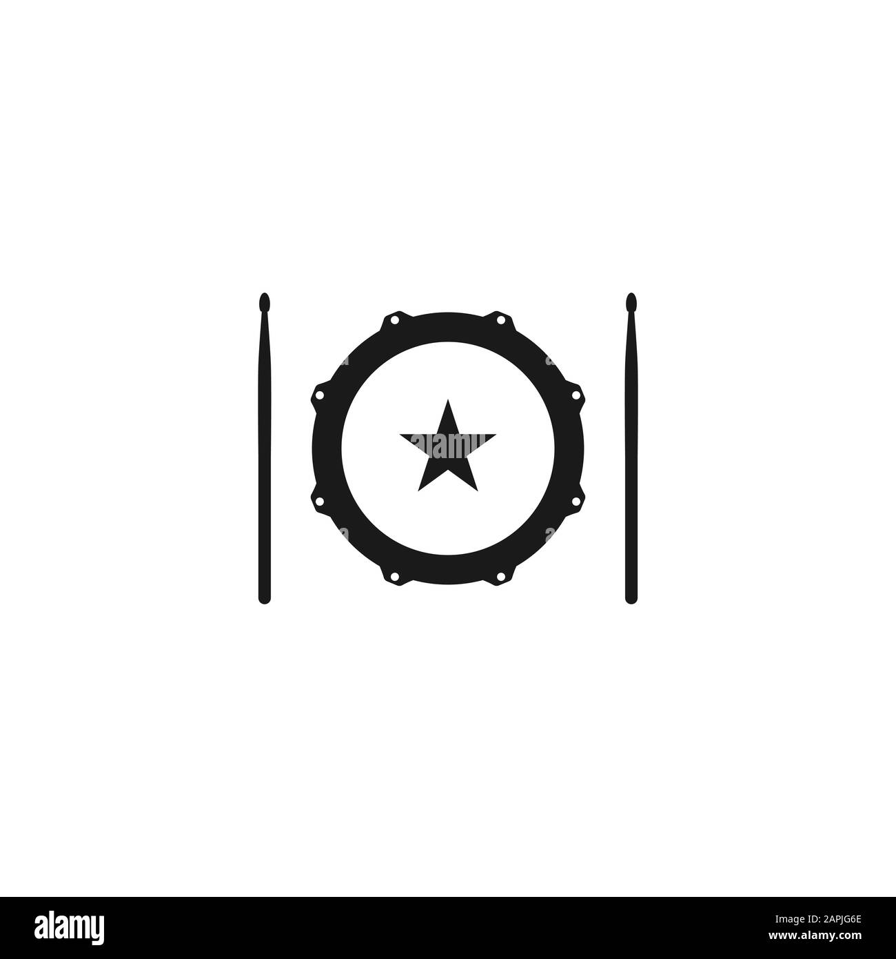 Vector logo of rock school or rock band. Snare drum with drumsticks. Rock music label. Vecor logo isolated on white. Stock Vector