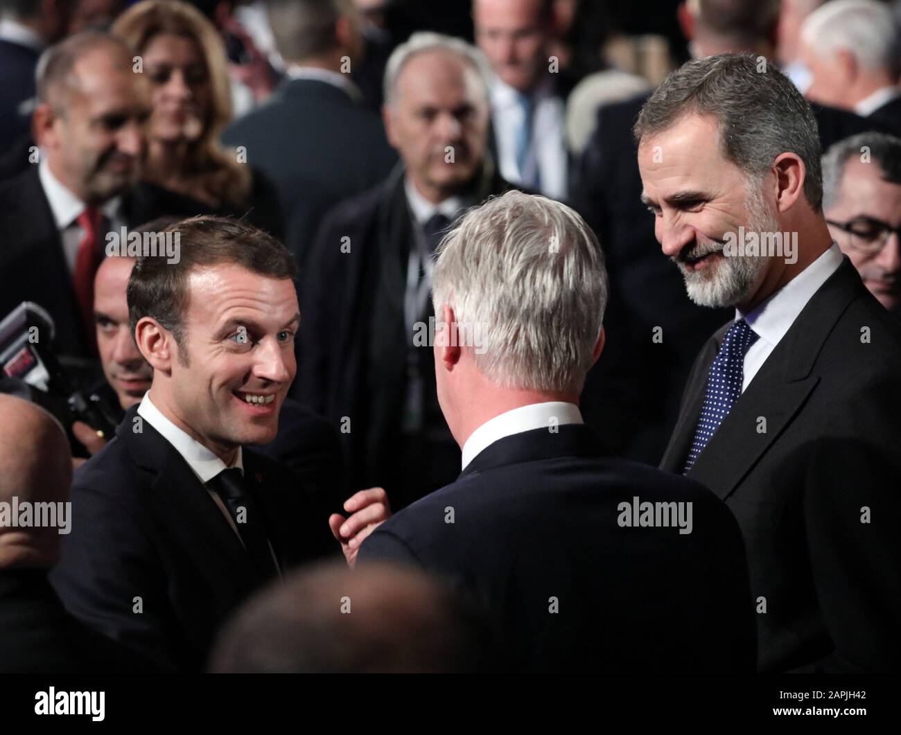 Jerusalem, Israel. 23rd Jan, 2020. French President Emmanuel Macron (L) with King Phillipe of Belgium (C) and King Felipe of Spain (R) speak during the Fifth World Holocaust Forum at the Yad Vashem Holocaust memorial museum in Jerusalem on Thursday, January 23, 2020. The event marking the 75th anniversary of the liberation of Auschwitz under the title 'Remembering the Holocaust: Fighting Antisemitism' is held to preserve the memory of the Holocaust atrocities by Nazi Germany during World War II. Pool Photo by Abir Sultan/UPI Credit: UPI/Alamy Live News Stock Photo