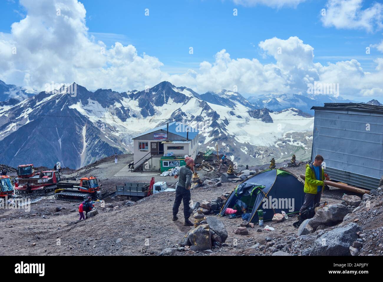 16.08.2017 Kabardino Balkar Republic. Mount Elbrus. climbers are preparing for climbing Stock Photo