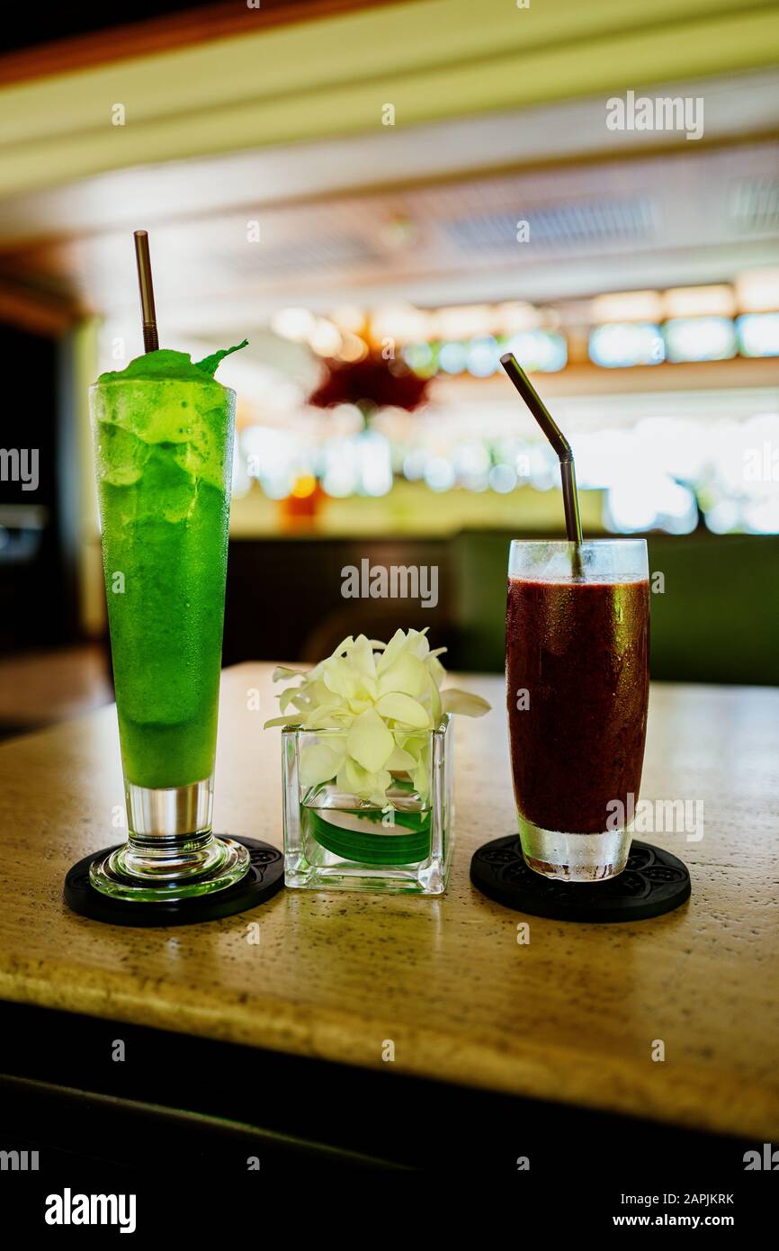 Healthy cocktails at main bar at Trisara Resort in Phuket, Thailand Stock Photo