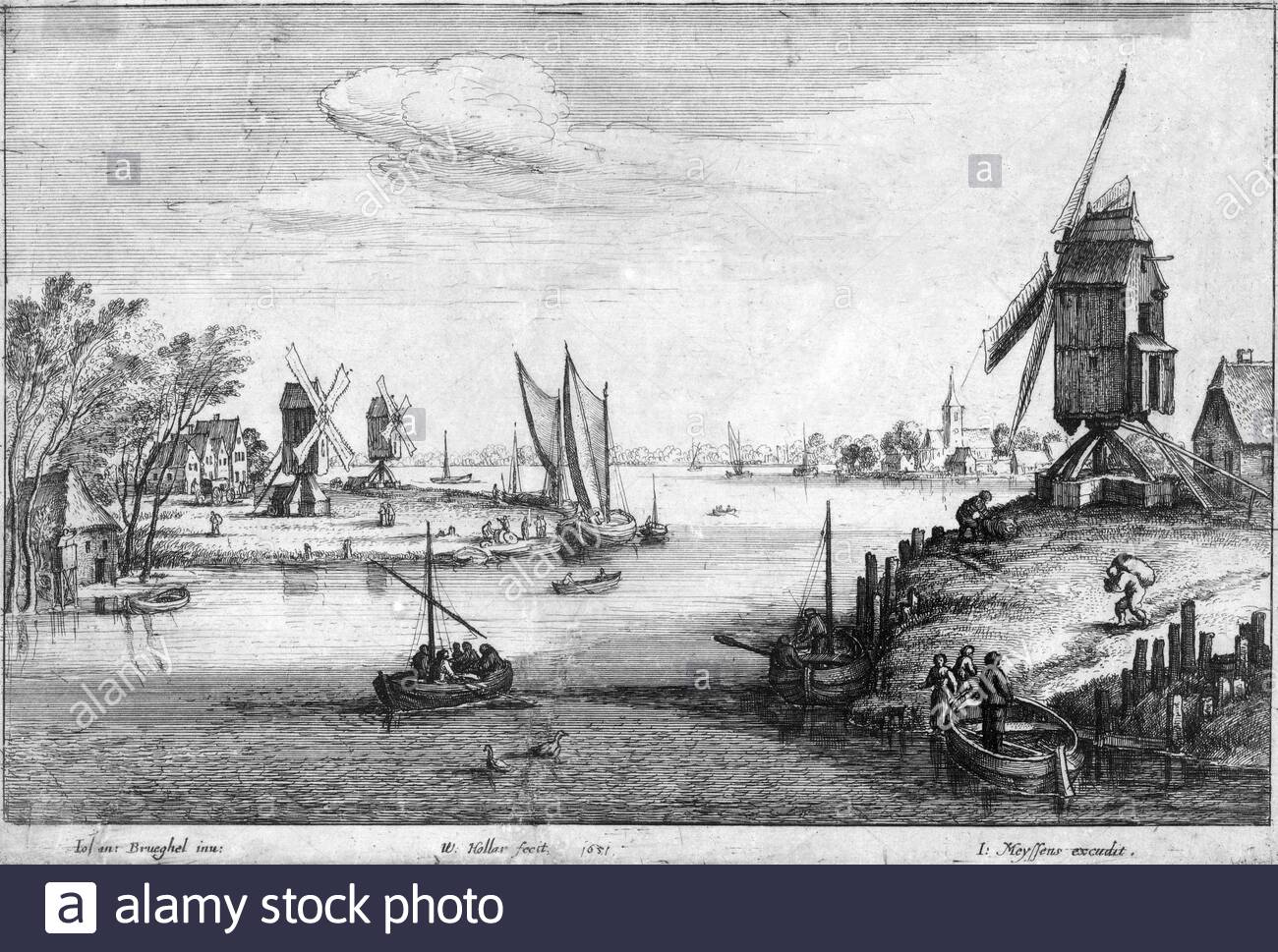 The Three windmills after Brueghel, etching by Bohemian etcher Wenceslaus Hollar from 1600s Stock Photo