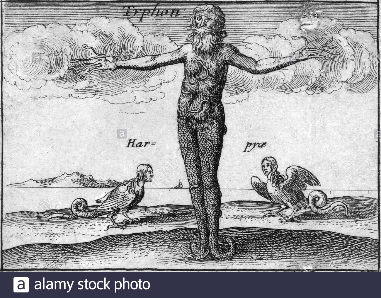 Typhon, was a serpentine giant and creature in Greek mythology, etching by Bohemian etcher Wenceslaus Hollar from 1600s Stock Photo