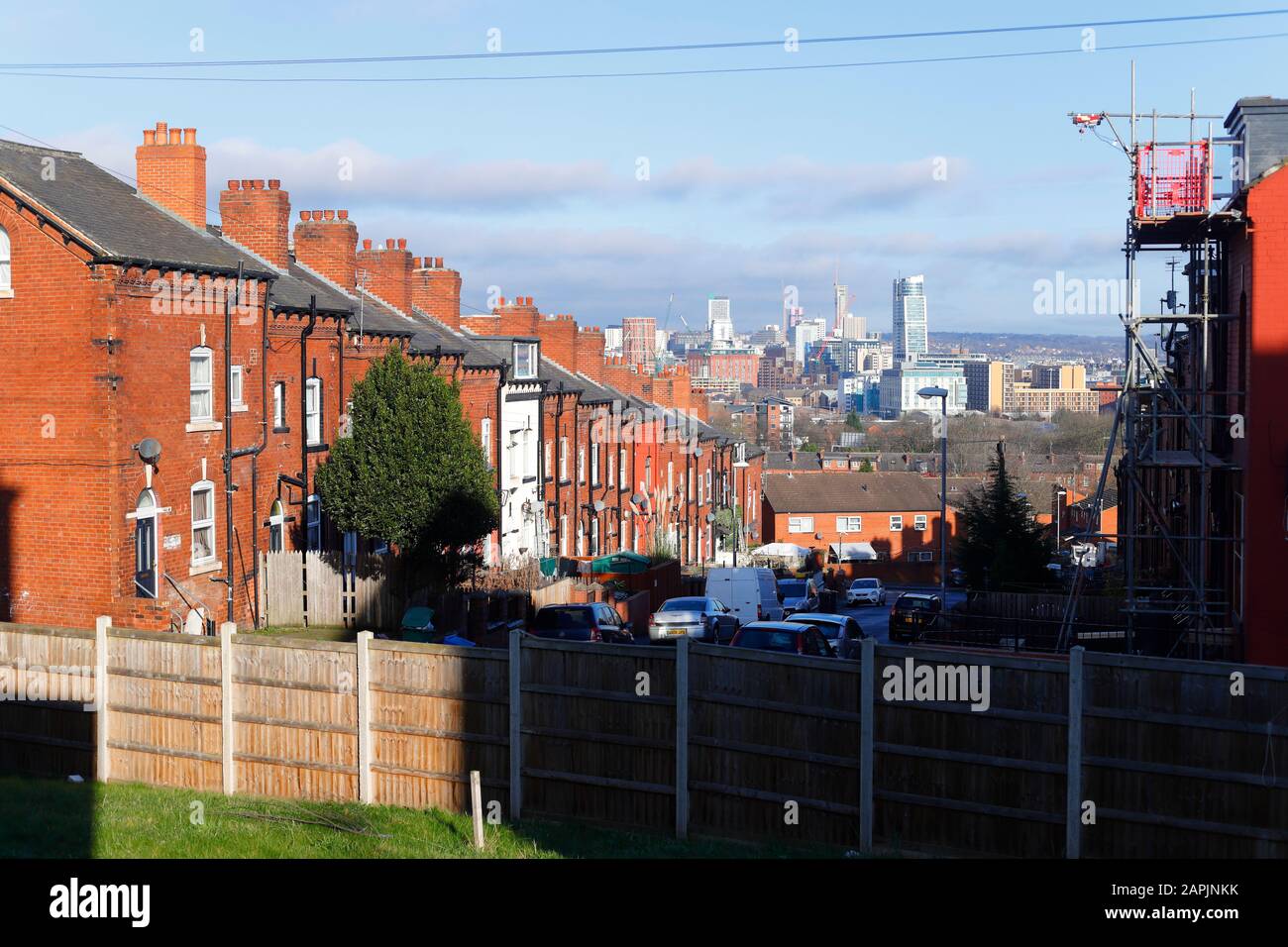 Old houses with a modern developing city centre in Leeds,West Yorkshire