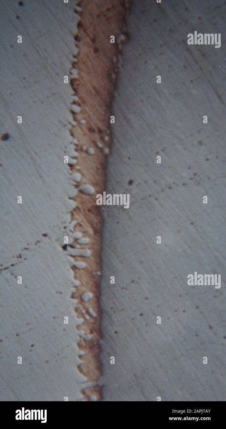 micrograph of a furnace brazed copper joint 5mm diameter steel bar brazed into a steel block by