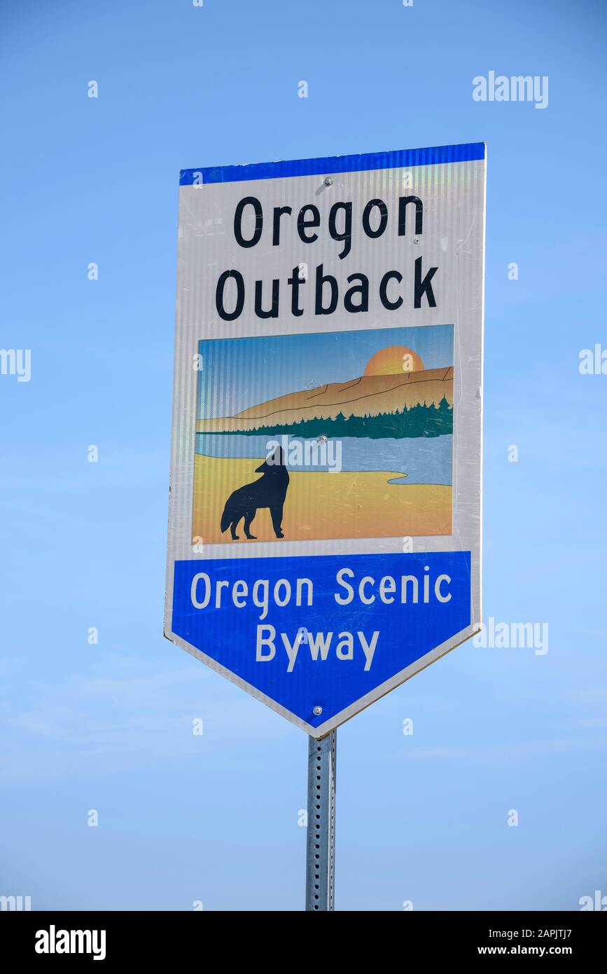 Oregon Outback National Scenic Byway sign, southeastern Oregon. Stock Photo