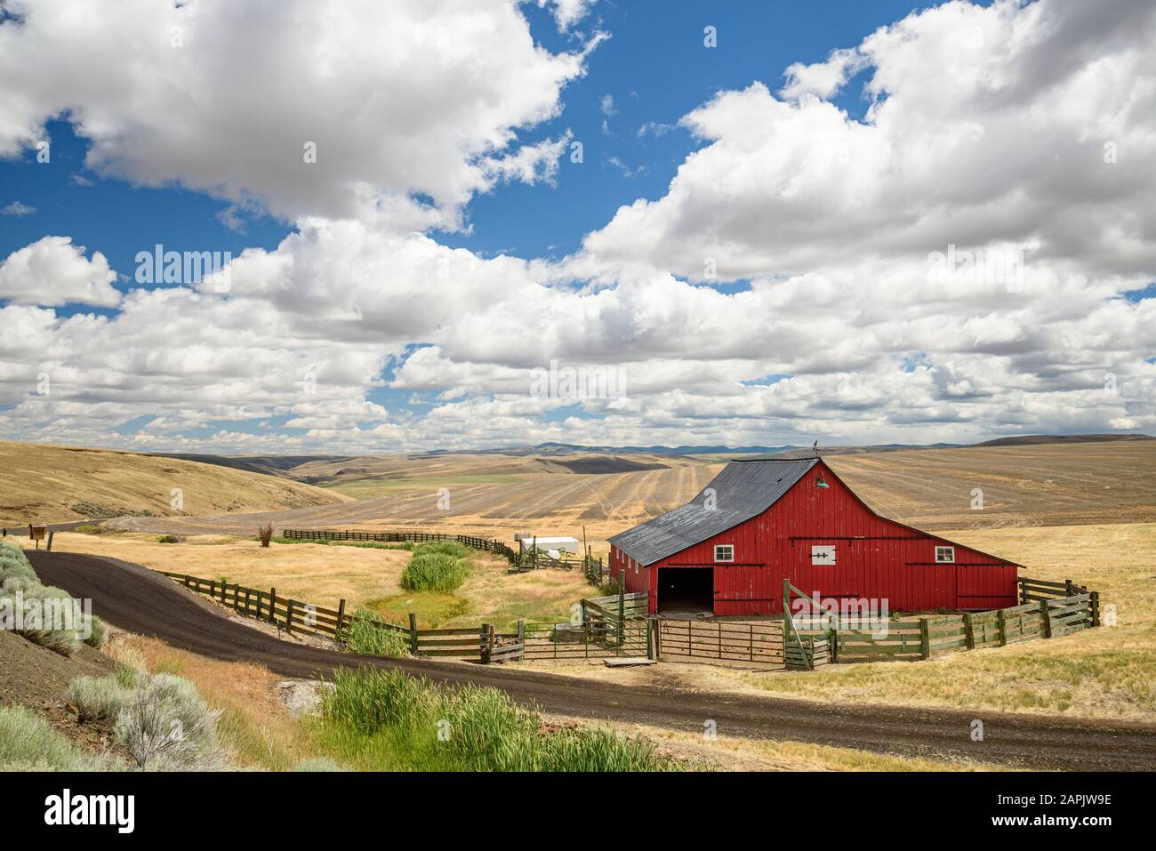 Barn at Anderson Ranch ('Since 1905'), Highway 206, between Condon and Heppner in eastern Oregon. Stock Photo