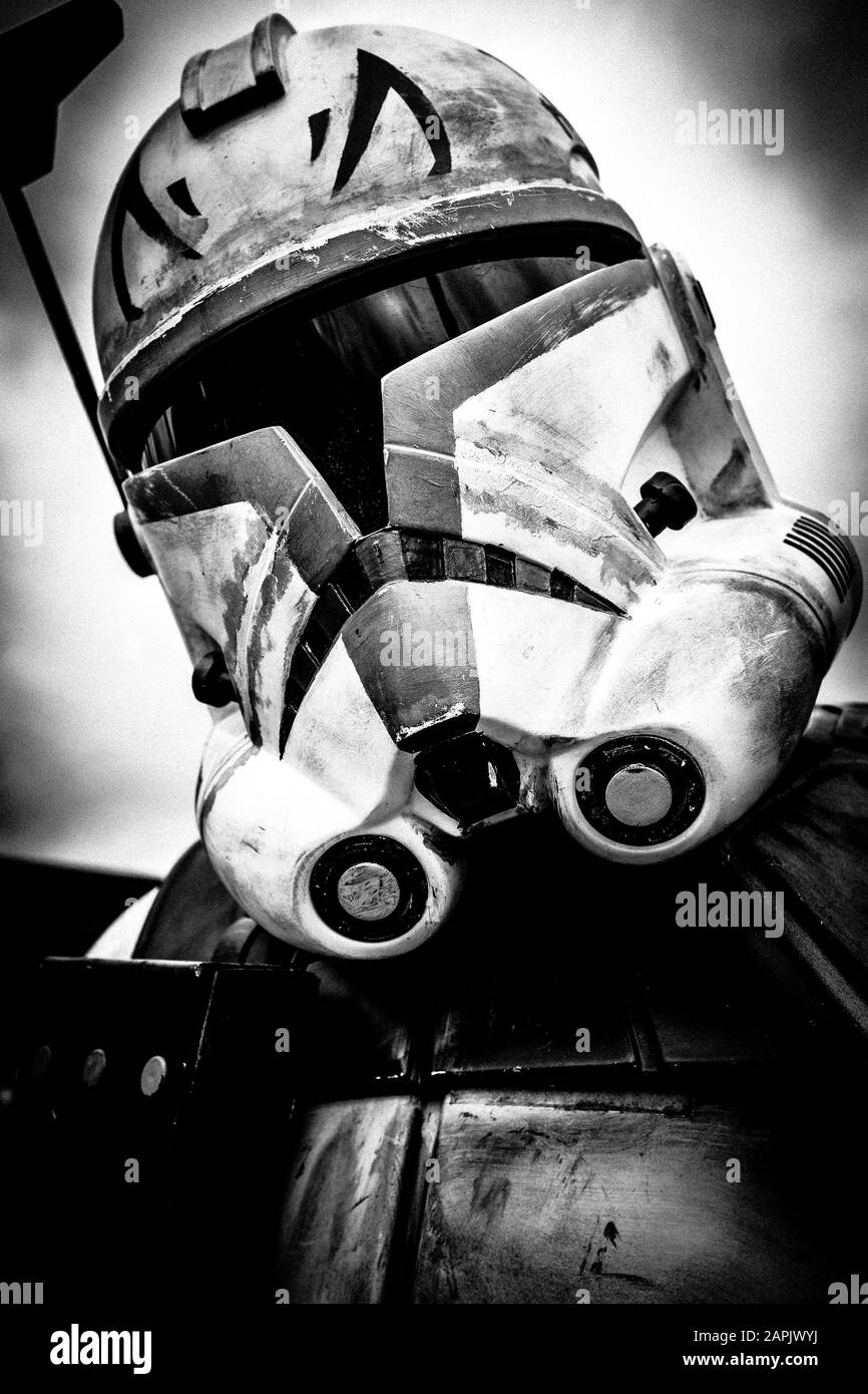 Black and white photography: Star Wars Clone Trooper character. Stock Photo