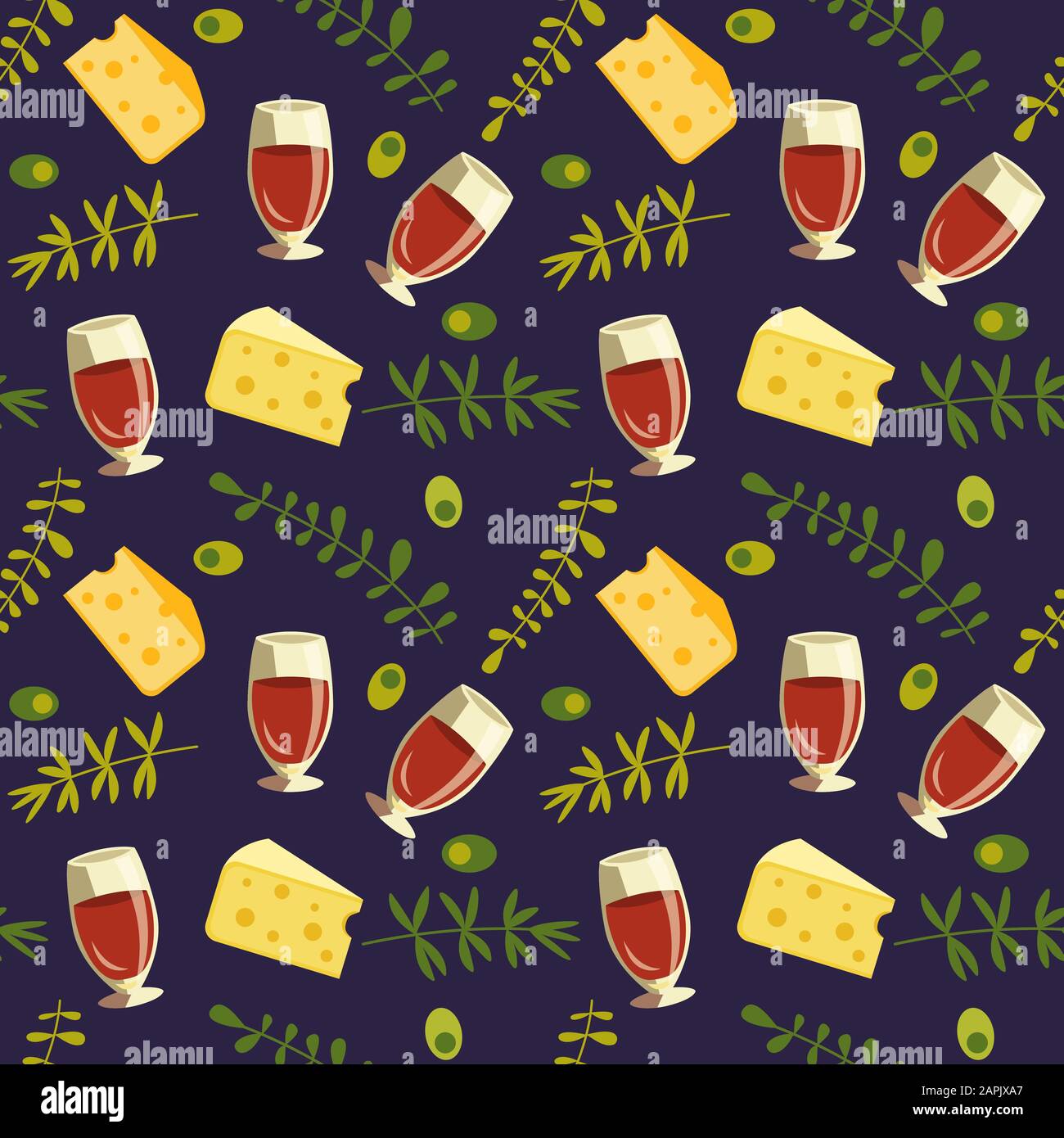 Red wine glass cheese flat vector seamless pattern Stock Vector