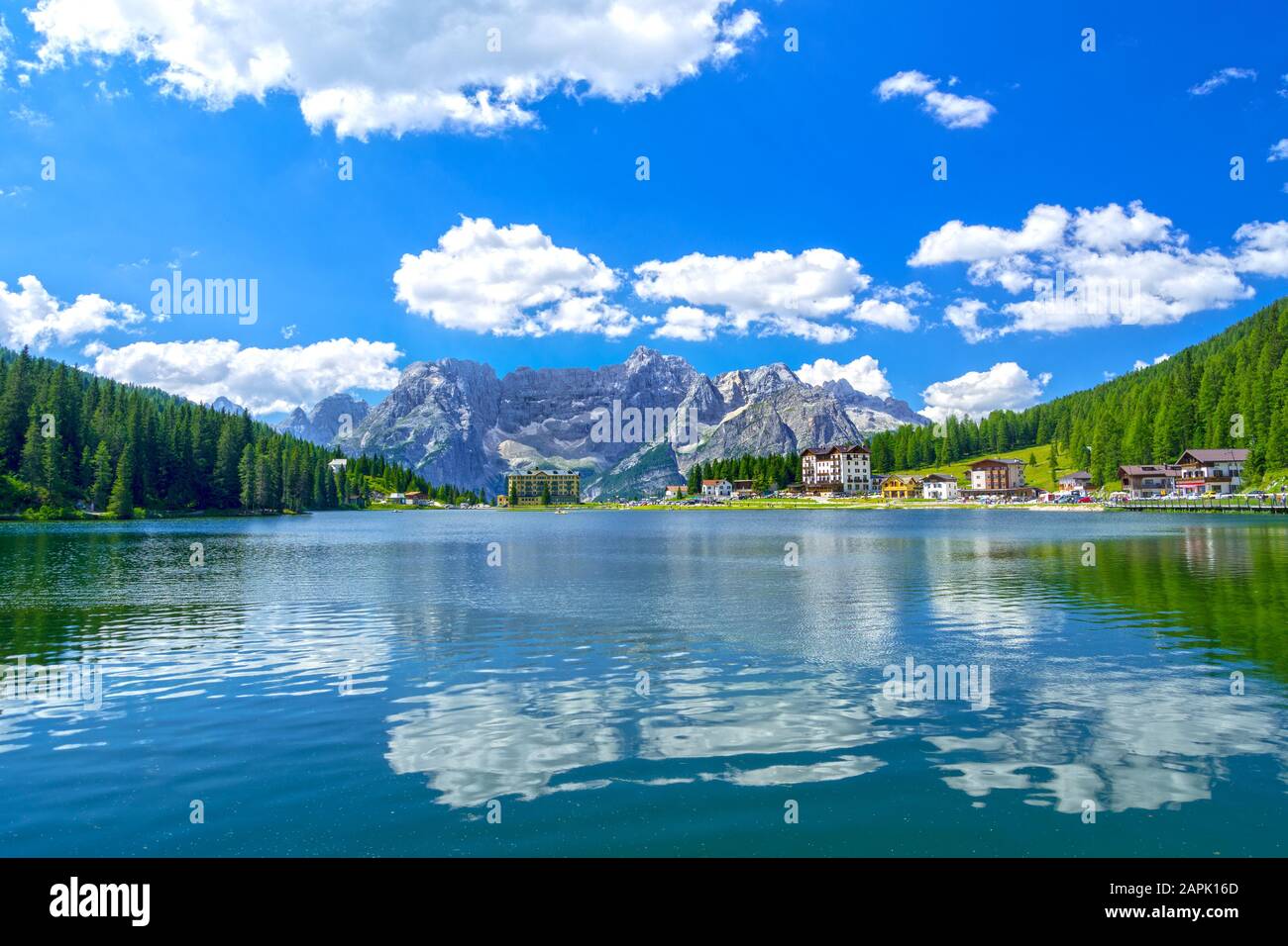View from Misurina lake in Dolomites, Italy in summer Stock Photo
