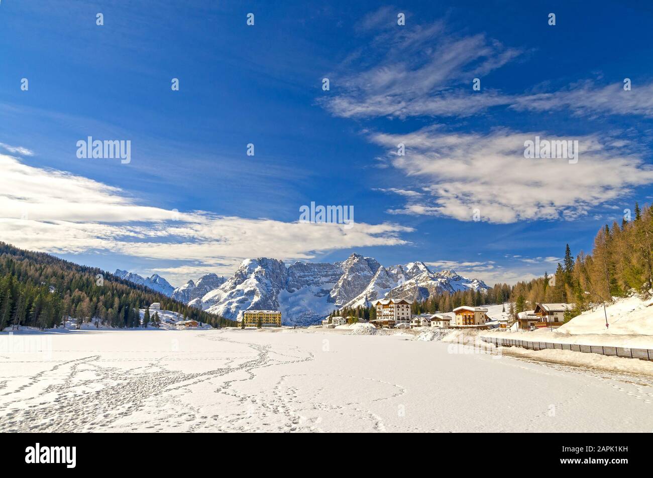 Winter landscape in Dolomites at Misurina frozen lake, Italy Stock Photo