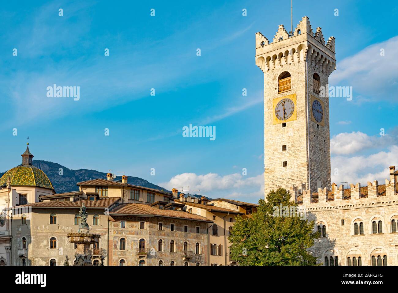 Main square in Trento, Trentino, Italy, Piazza Duomo, with frescoed Renaissance buildings and the Late Baroque Fountain of Neptune Stock Photo
