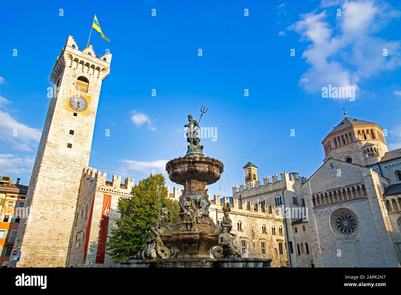 Main square in Trento, Trentino, Italy, Piazza Duomo, with clock tower and the Late Baroque Fountain of Neptune Stock Photo