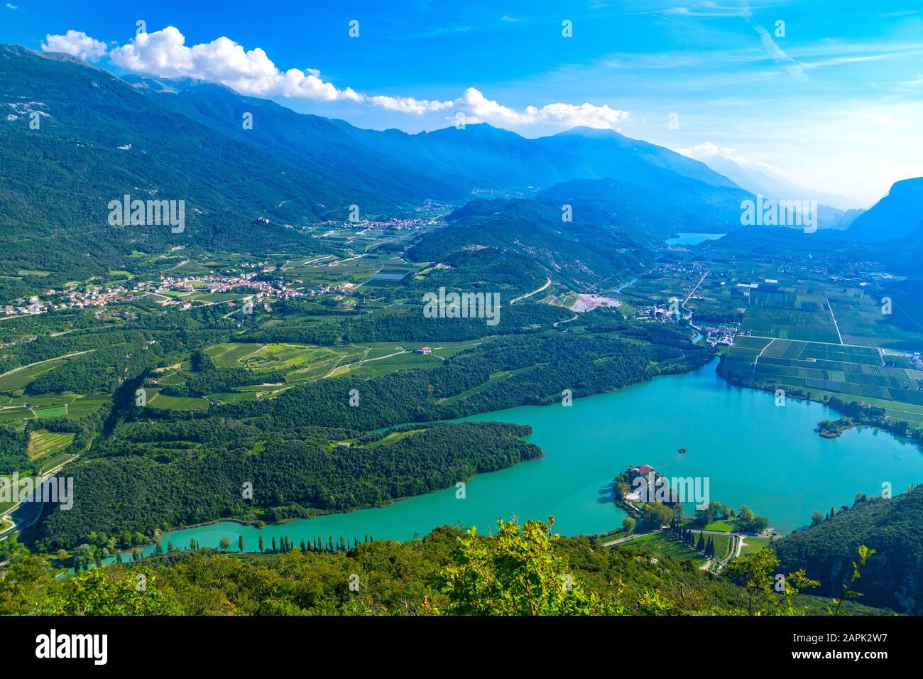 Trentino summer landscape, lake Toblino and Garda in background, Alto Adige, Italy Stock Photo