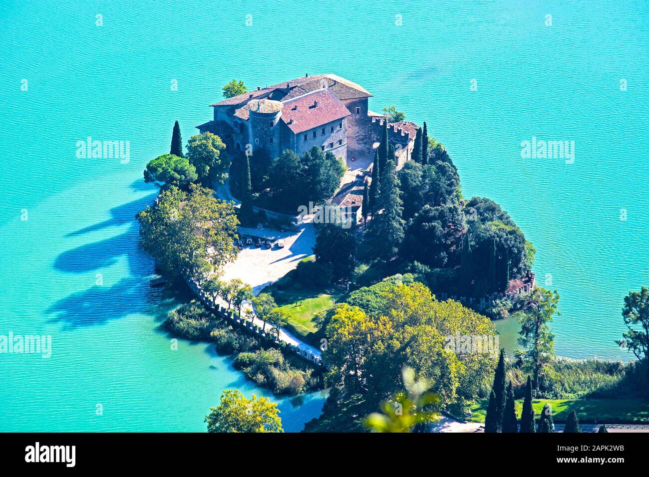 Trentino summer landscape, lake and castle Toblino, Alto Adige, Italy Stock Photo