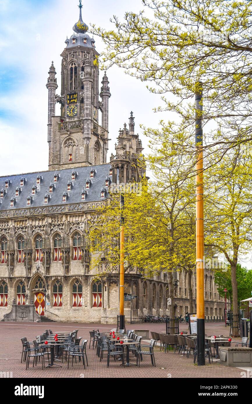 Middelburg, Netherlands, gothic town hall and tables and chairs on