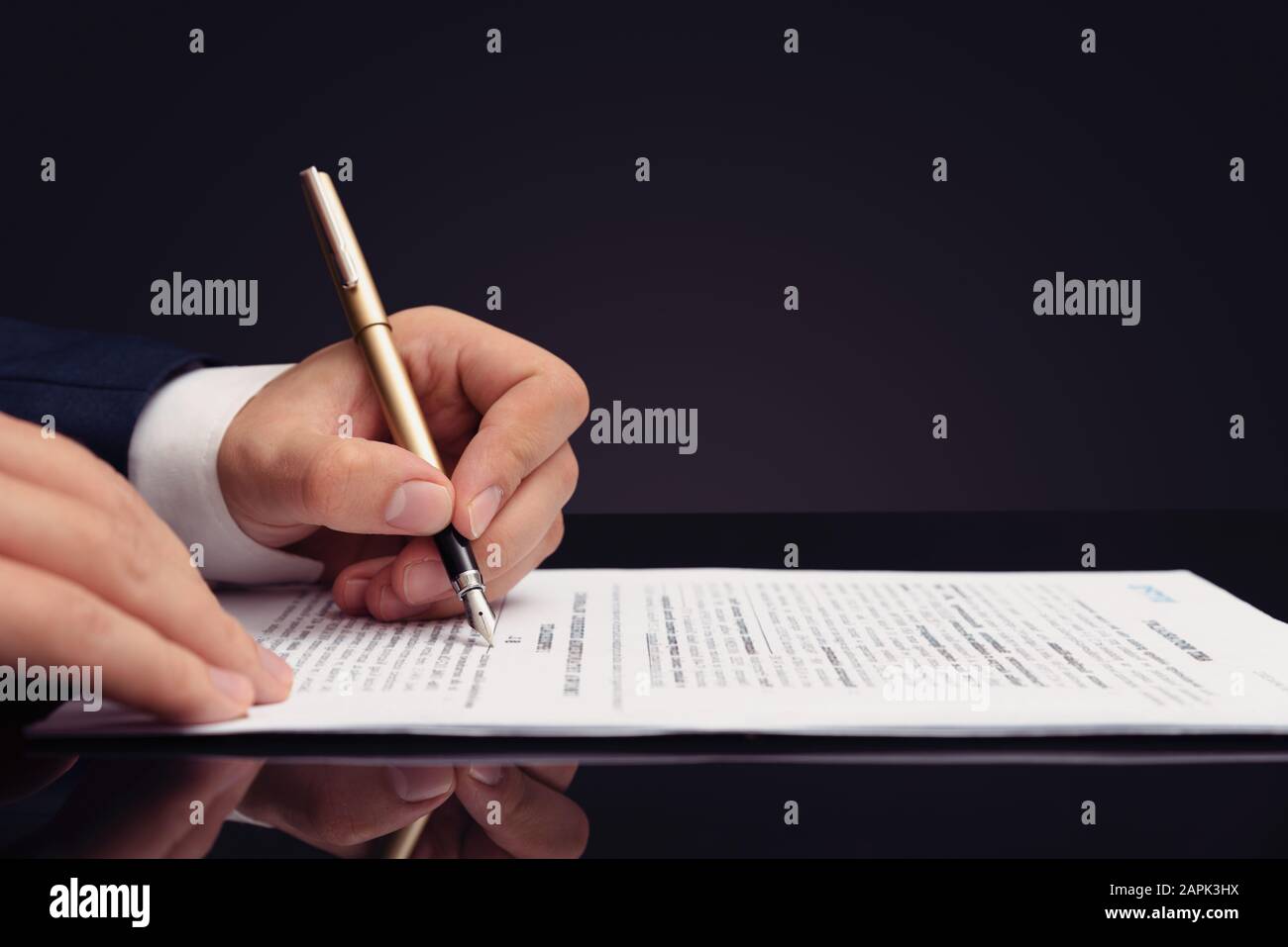 Lawyer, notary, attorney signs act, legal document. Hand with elegant