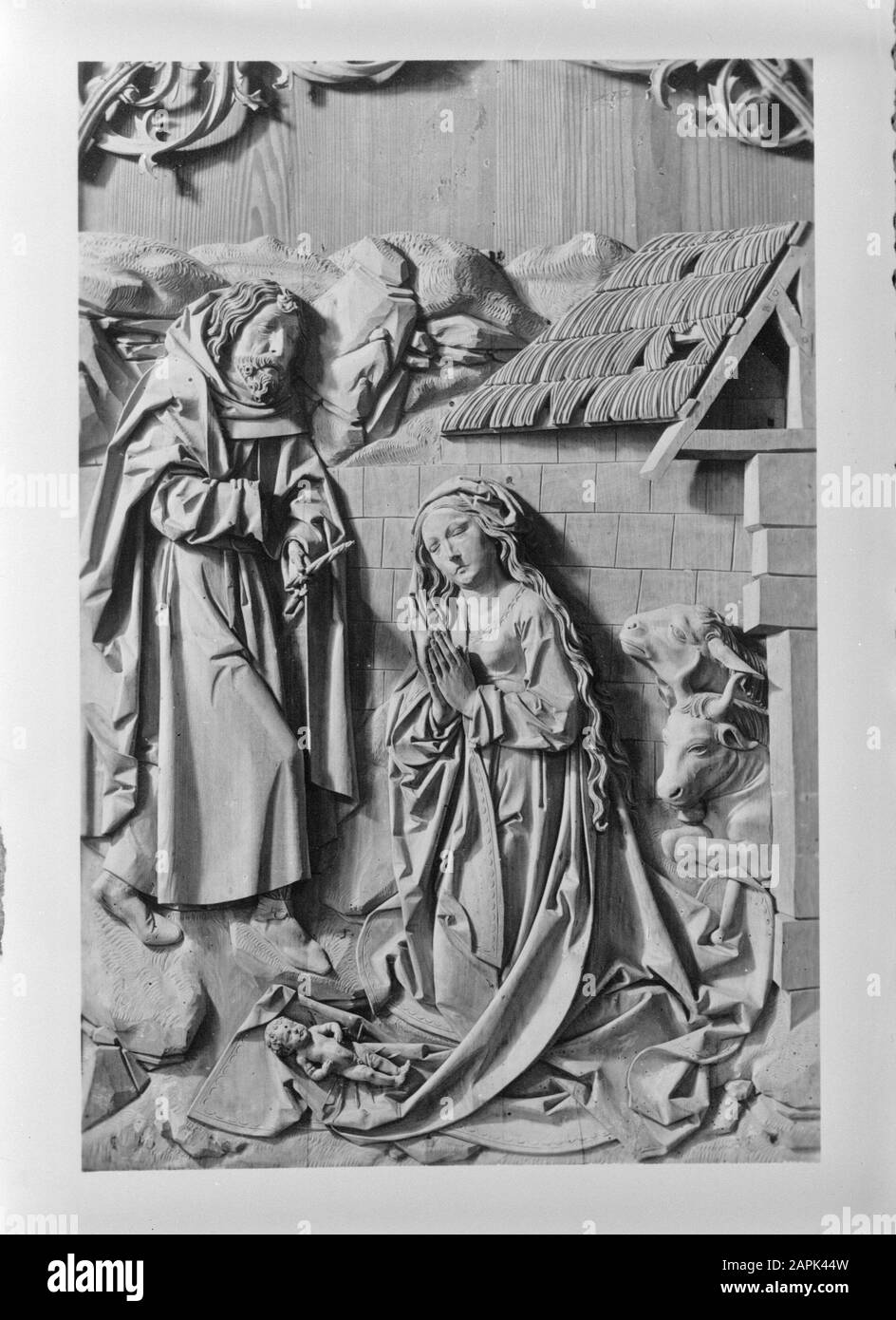 Woodcarving by Tillmann Riemenschneider Description: Detail of the Maria-Retable of the Herrgottskirche in Cregingen Annotation: Postcard, purchased by Willem vd Poll Date: undated Location: Baden- Württemberg, Creglingen, Germany, West Germany Keywords: statues of saints, carvings, church buildings Stock Photo