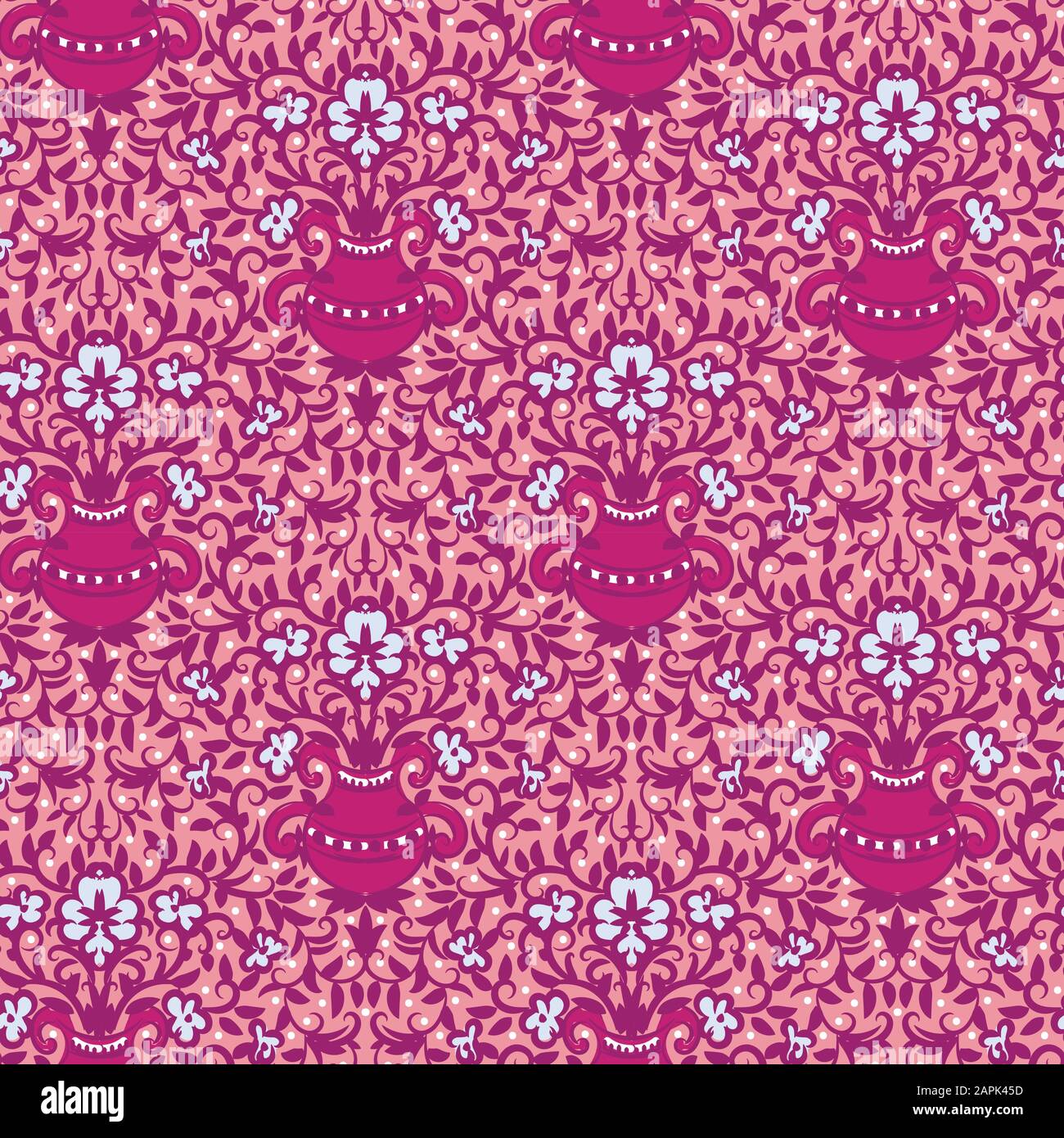 pink flower vases ornamental seamless vector pattern Stock Vector