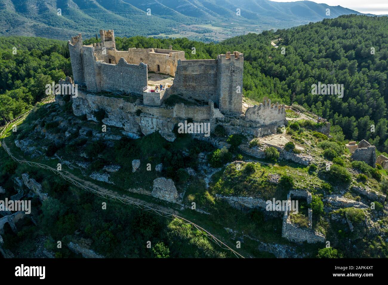 Aerial panorama view of Alcala de Xivert (Alcalá de Chivert) medieval Templar knight castle ruins in Valencia province Spain Stock Photo