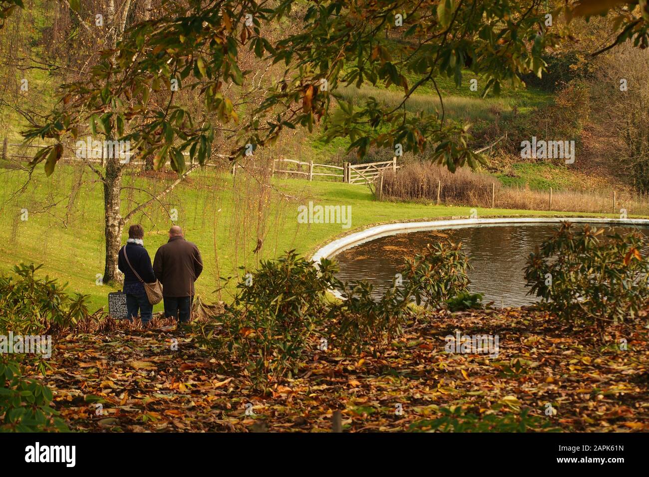 An older couple standing in a beautiful sloped autumn garden among the fallen leaves looking towards a pond and the view beyond Stock Photo