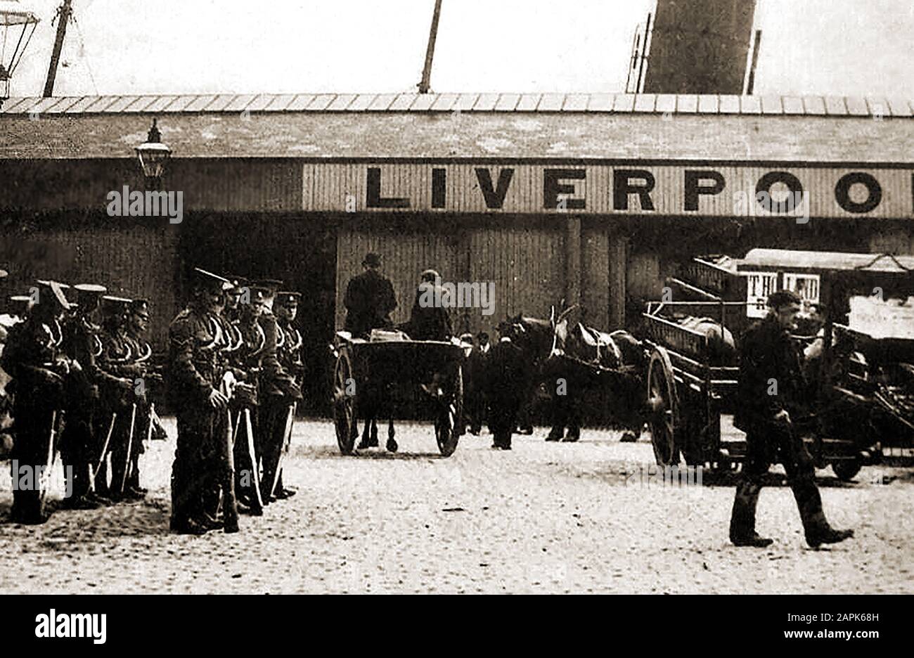 The Military on guard at  Donegall  Quay , Ireland (Liverpool departure point) Quay during the 1907 Belfast  Dockworkers and Carters Strike Stock Photo