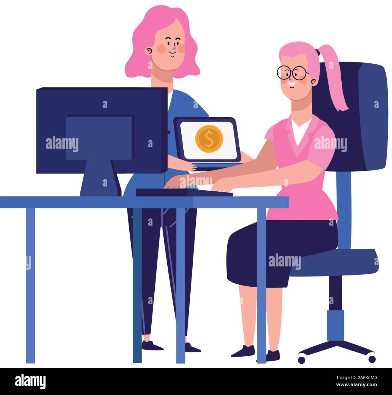 cartoon businesswomen at office desk with computers Stock Vector Image & Art Alamy