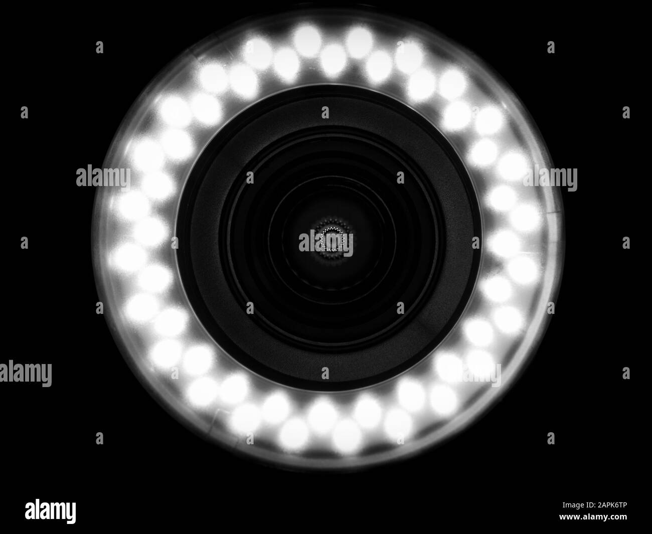 Ring light with lense and symmetric reflection, close up Stock Photo