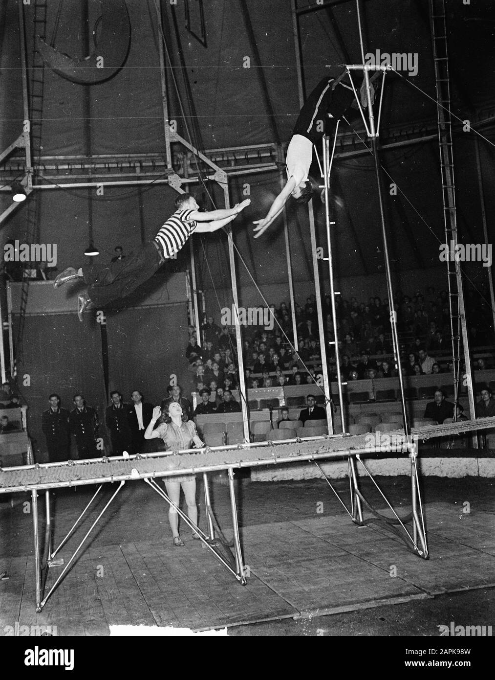 Circus Mikkenie. Trampoline. The 4 Airways Date: October 28, 1948 Keywords: acrobatics, circuses, trampolines Personal name: Circus Mikkenie, The 4 Airways Stock Photo