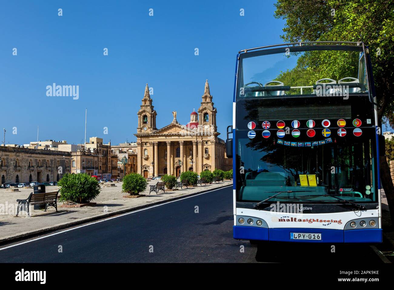 Valletta Malta June 18, 2019: Bus for tourists with routes to the interesting sights of the island of Malta Stock Photo