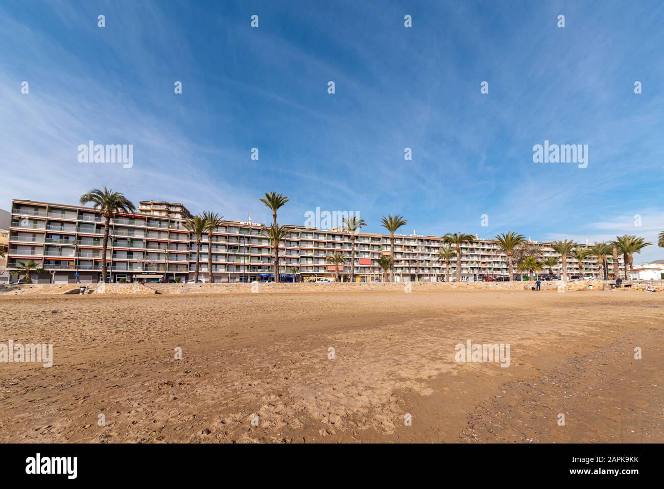 Hotels on the beach front at Puerto de Mazarron, Region de Murcia, Costa Calida, Spain. Named statues on roofs. Mediterranean sea apartments Stock Photo