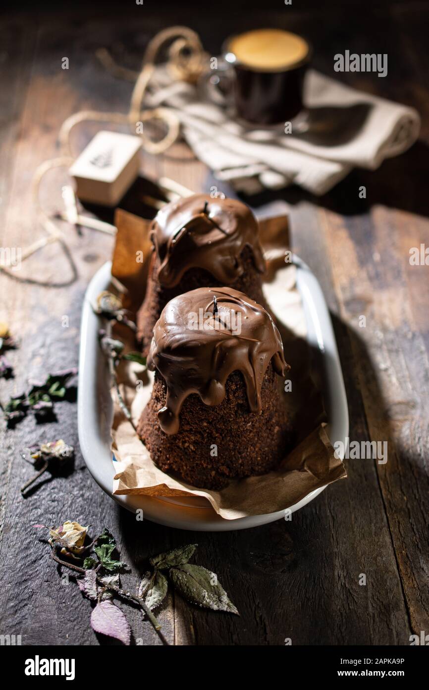Chocolate cake with delicious coffee.Milk chocolate coating.Healthy food and drink.Birthday cake Stock Photo