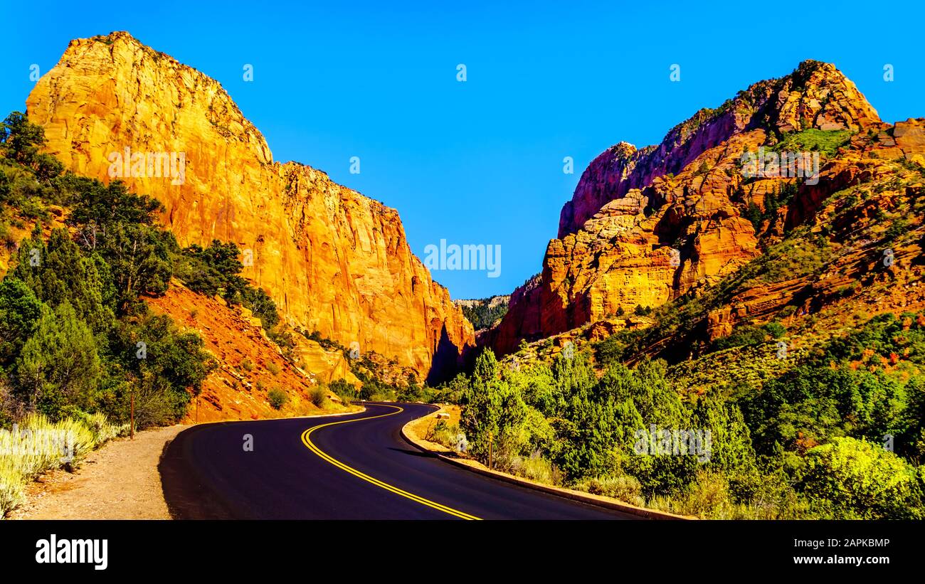 East Kolob Canyon Road as it winds its way passed Buck Pasture Mountain at Lee Pass in the Kolob Canyon, the north western area of Zion National Park Stock Photo