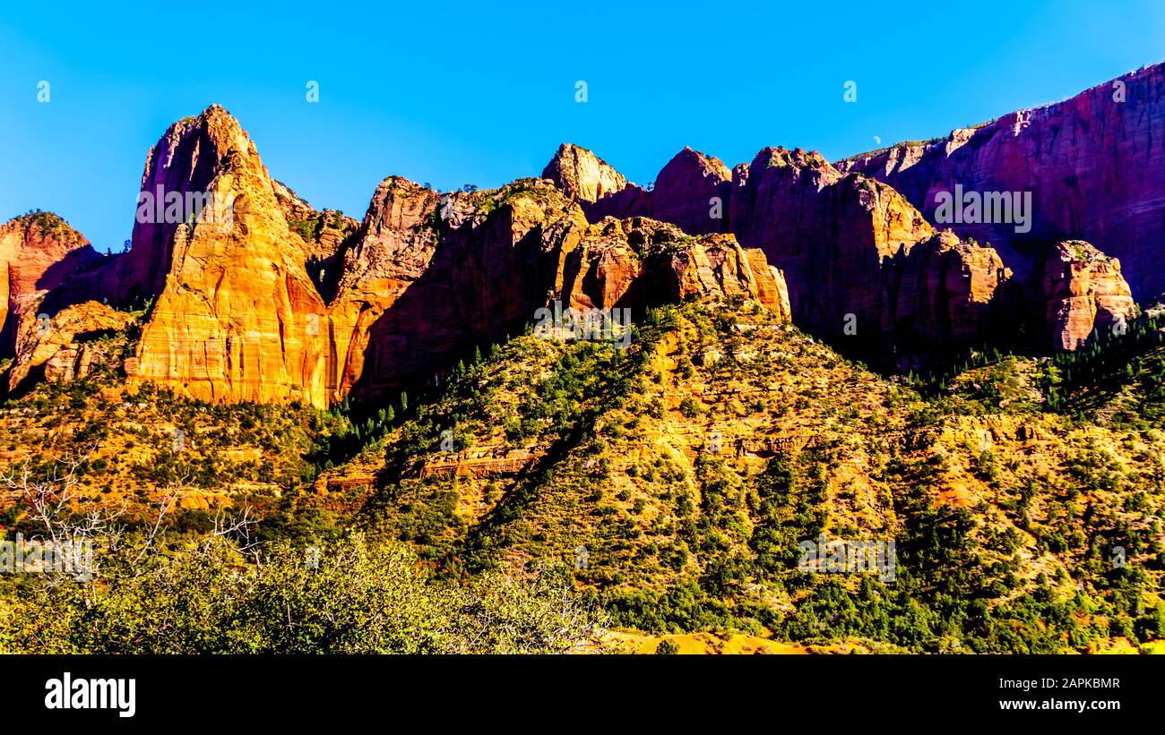 View of Nagunt Mesa, and other Red Rock Peaks of the Kolob Canyon part of Zion National Park, Utah, US. Viewed from the East Kolob Canyon Road Stock Photo