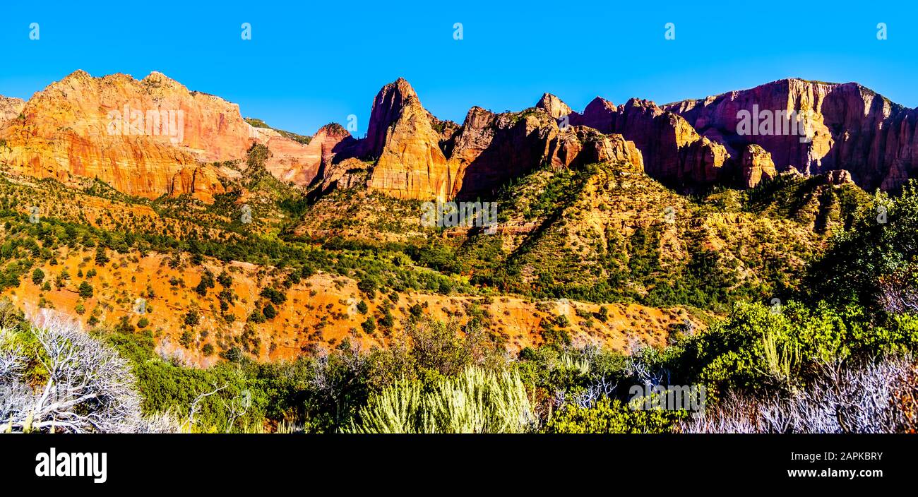 Panorama View of Nagunt Mesa,  and other Red Rock Peaks of the Kolob Canyon part of Zion National Park, Utah, US. Viewed from the East Kolob Canyon Rd Stock Photo