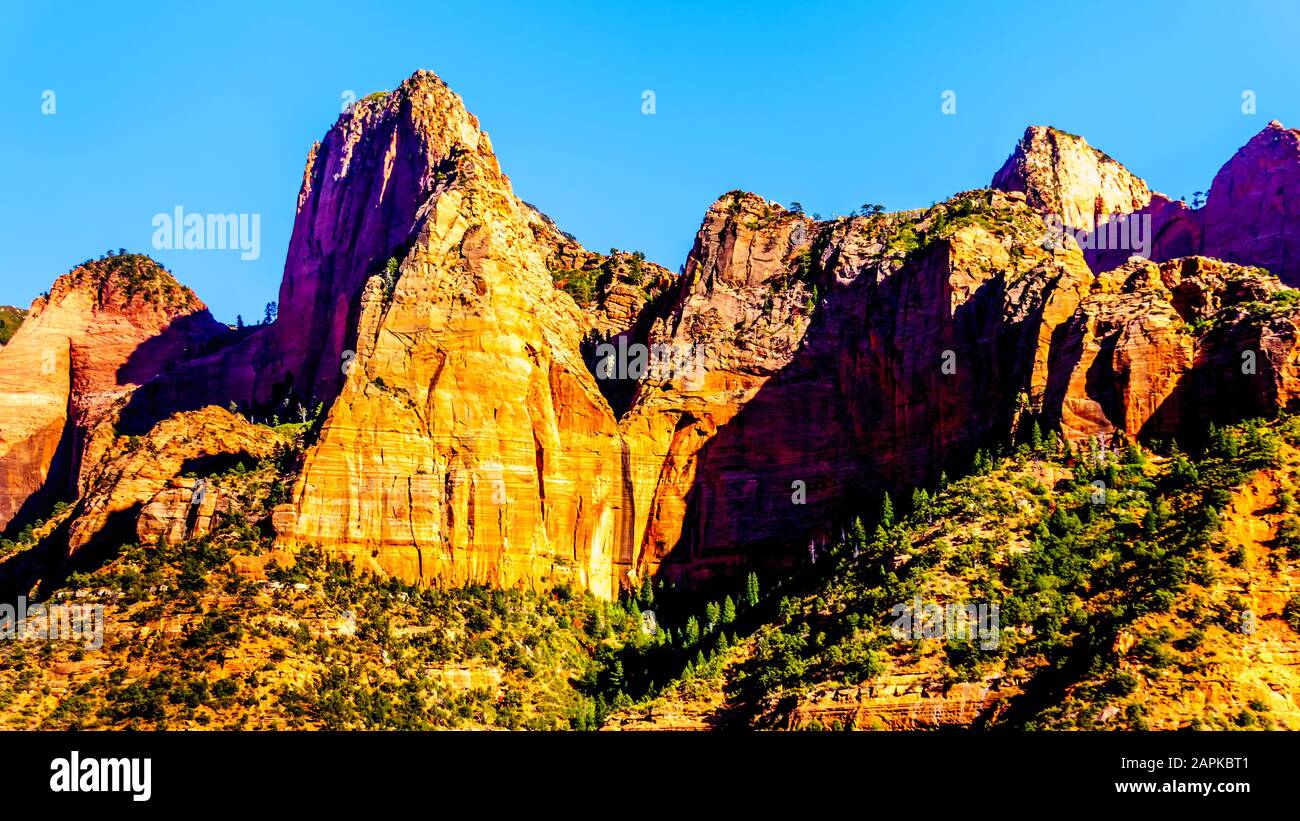 View of Nagunt Mesa, and other Red Rock Peaks of the Kolob Canyon part of Zion National Park, Utah, US. Viewed from the East Kolob Canyon Road Stock Photo