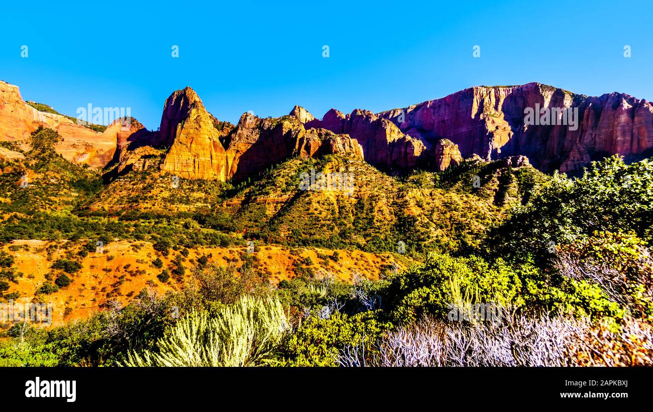 View of Nagunt Mesa, and other Red Rock Peaks of the Kolob Canyon part of Zion National Park, Utah, US. Viewed from the East Kolob Canyon Road Stock Photo