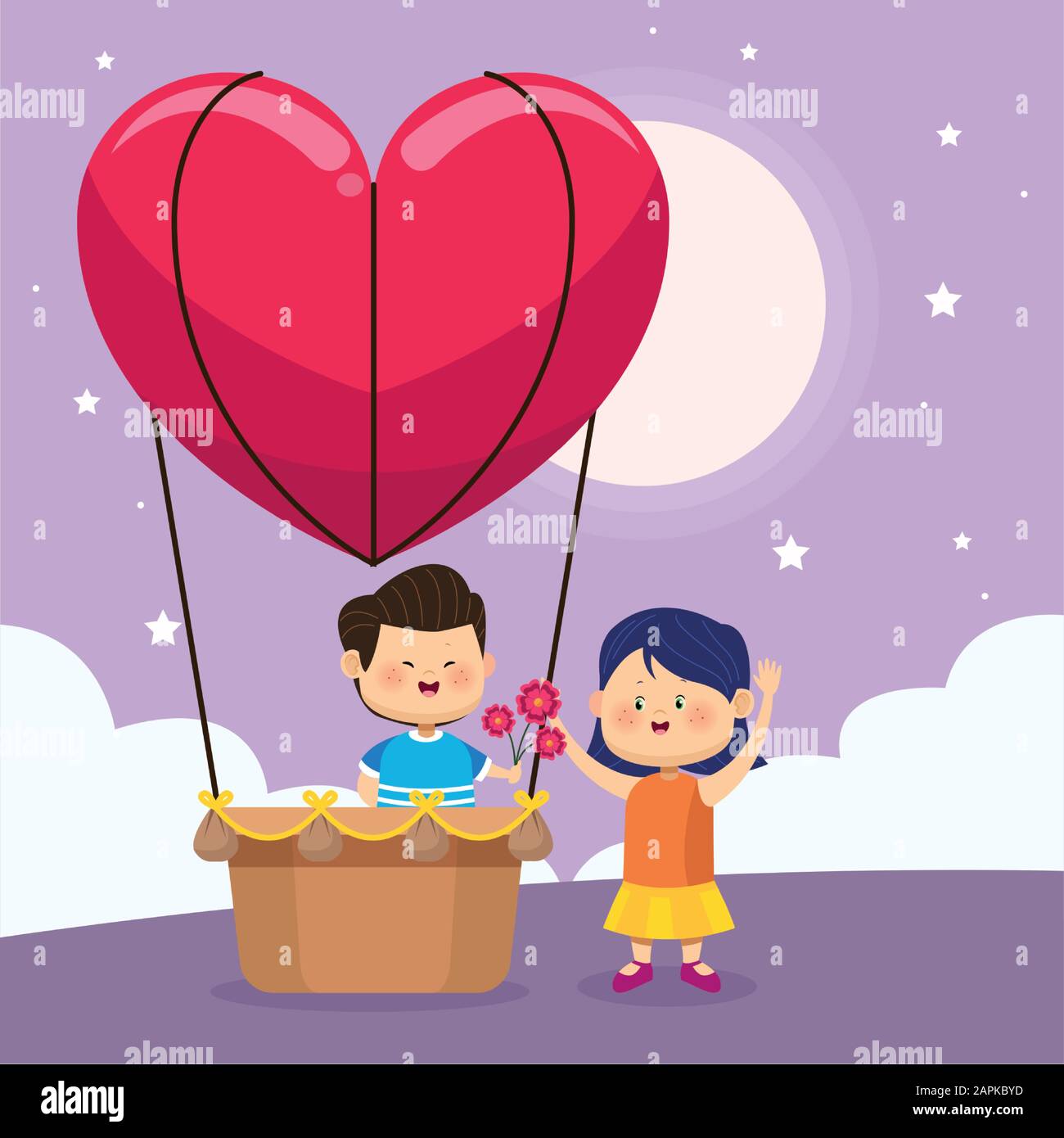 heart air balloon with cute boy giving flowers a girl Stock Vector ...