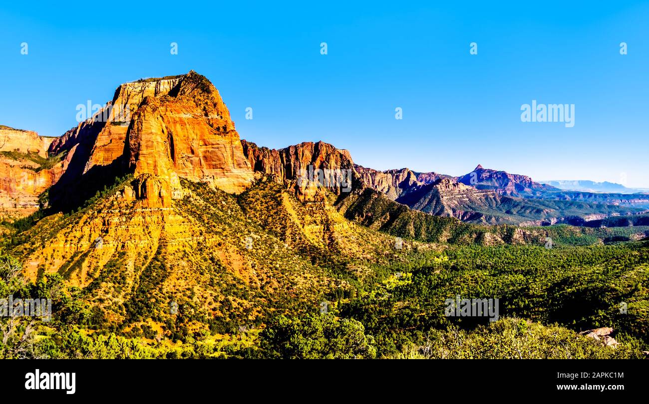 View of the Shuntavi Butte and other Red Rock Peaks of the Kolob Canyon part of Zion National Park, Utah, US. Viewed from the Timber Creek Lookout Stock Photo