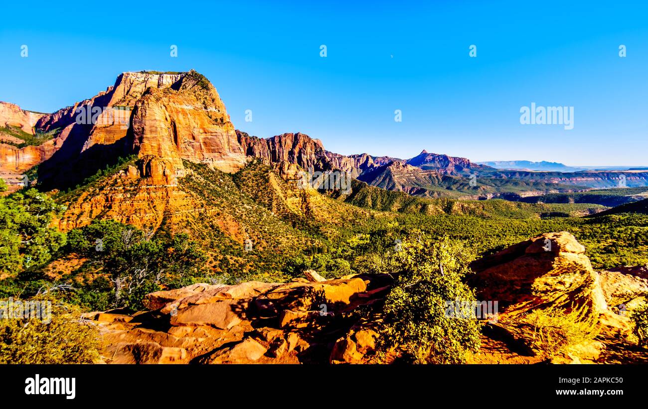 View of the Shuntavi Butte and other Red Rock Peaks of the Kolob Canyon part of Zion National Park, Utah, US. Viewed from the Timber Creek Lookout Stock Photo