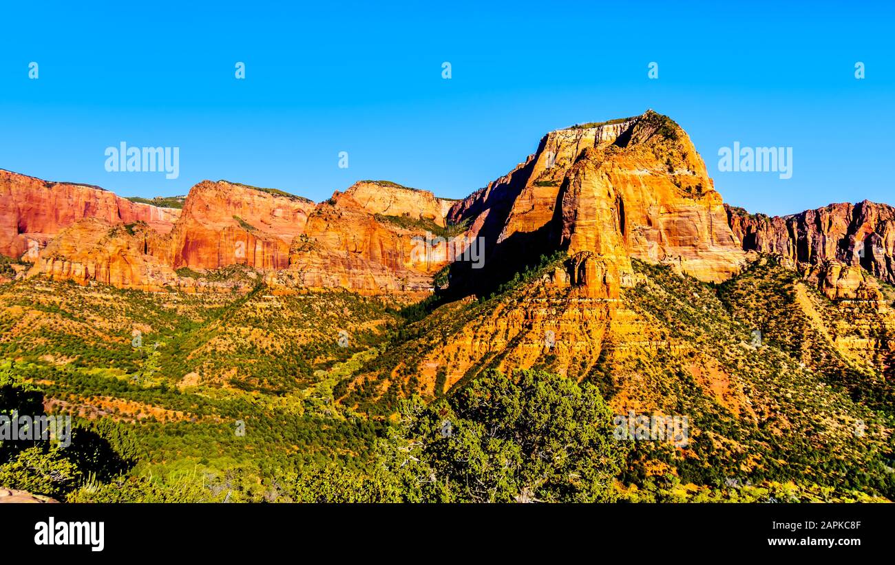 View of Nagunt Mesa, Shuntavi Butte and other Red Rock Peaks in Kolob Canyon, Zion National Park, Utah, US. Viewed from the Timber Creek Overlook Stock Photo