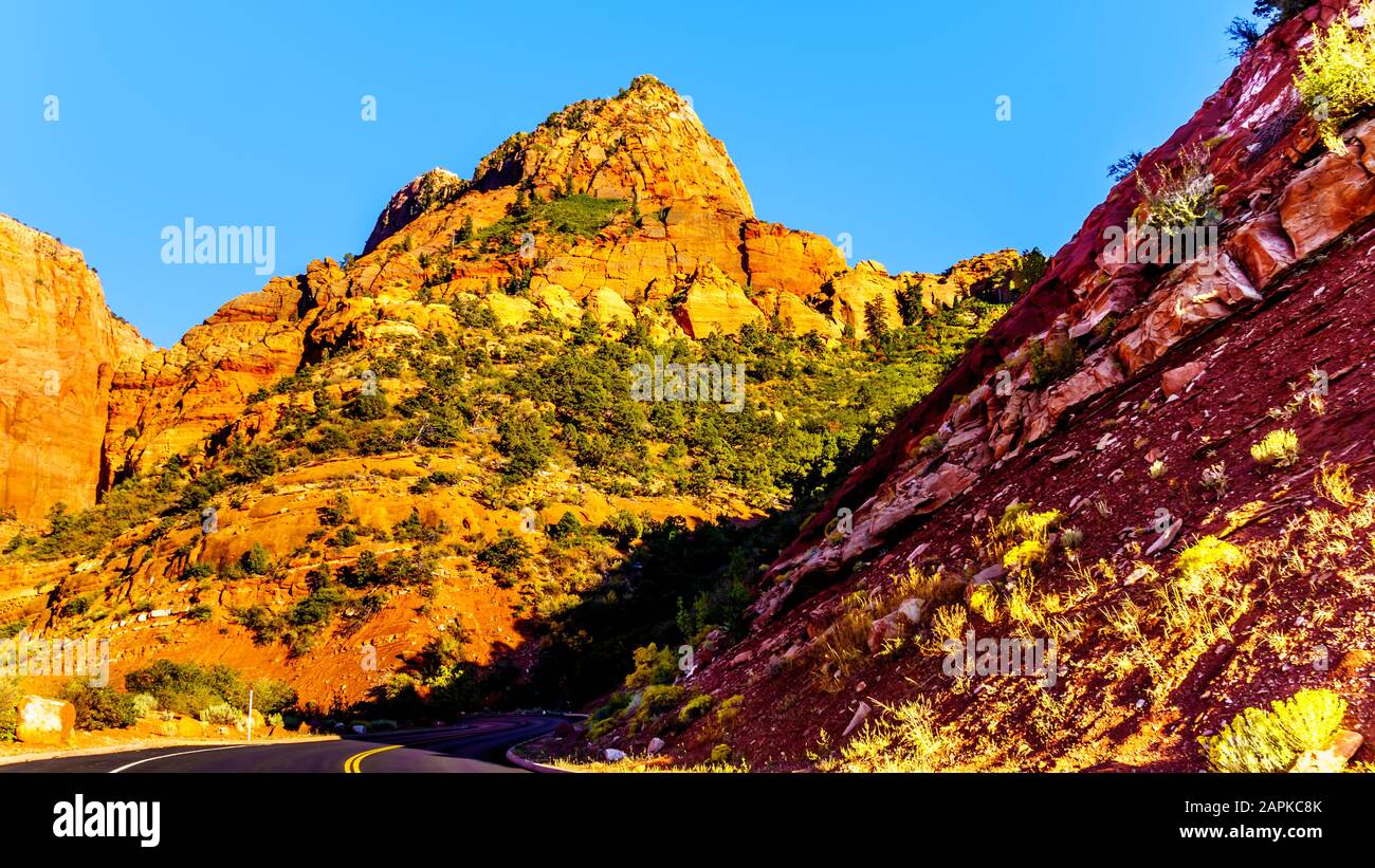East Kolob Canyon Road as it winds its way passed Buck Pasture Mountain at Lee Pass in the Kolob Canyon, the north western area of Zion National Park Stock Photo