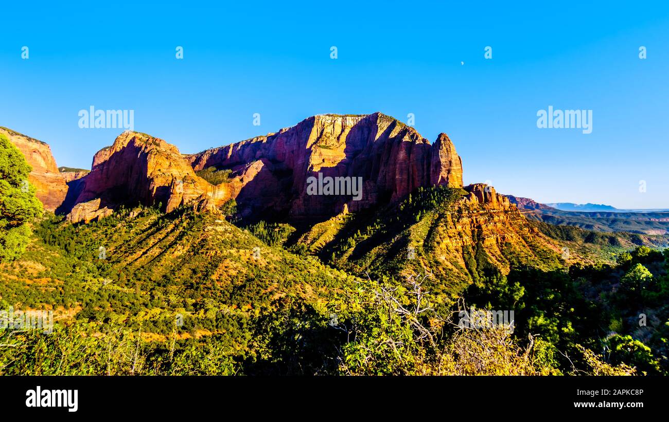 View of the Shuntavi Butte and other Red Rock Peaks of the Kolob Canyon part of Zion National Park, Utah, US. Viewed from the Timber Creek Lookout Stock Photo
