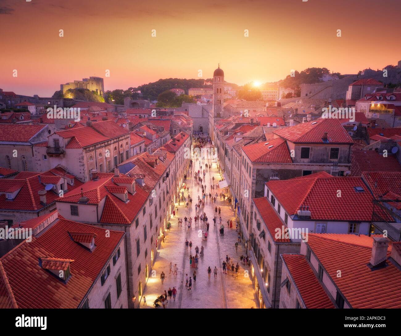 Aerial view of beautiful old city at sunset. Top view Stock Photo